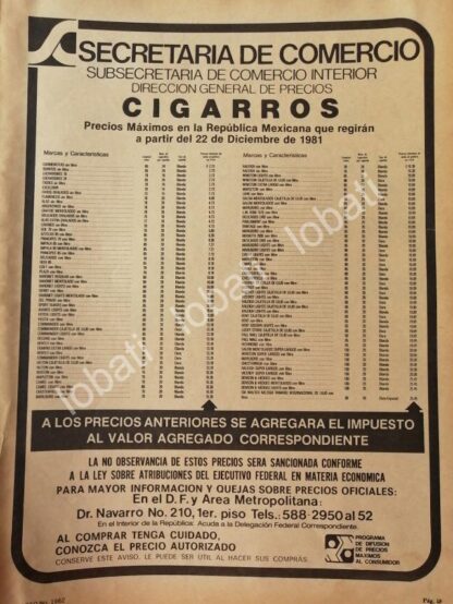 CARTEL ANTIGUO ORIGINAL DE SECRETARIA DE COMERCIO 1980 PRECIOS DE CIGARROS /20