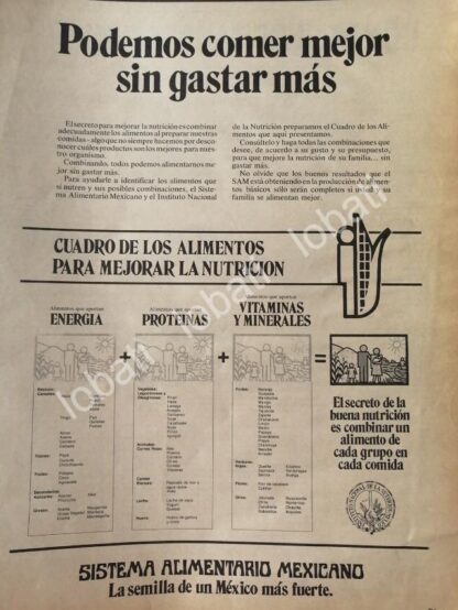 CARTEL ANTIGUO ORIGINAL DE AFICHE DEL SISTEMA ALIMENTARIO MEXICANO 1981 /11