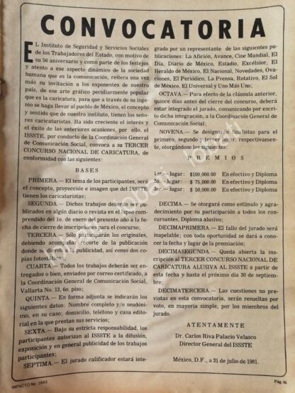 CARTEL ANTIGUO ORIGINAL DE CONVOCATORIA. 3ER CONCURSO ISSSTE DE CARICATURA 1981