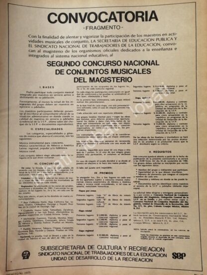 CARTEL ANTIGUO ORIGINAL DE 2do CONCURSO NACIONAL DE CONJUNTOS MUSICALES DEL MAGISTERIO 1980