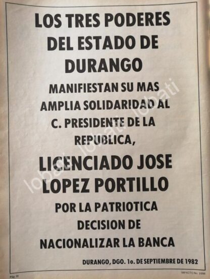 CARTEL ANTIGUO ORIGINAL DE DURANGO FELICITA A LOPEZ PORTILLO POR NACIONALIZAR BANCOS 1982