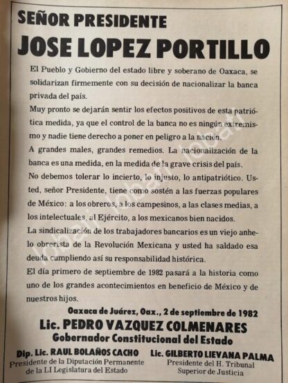 CARTEL ANTIGUO ORIGINAL DE OAXACA FELICITA A LOPEZ PORTILLO POR NACIONALIZAR BANCOS 1982