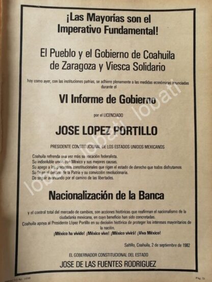 CARTEL ANTIGUO ORIGINAL DE COAHUILA FELICITA A LOPEZ PORTILLO POR VI INFORME 1982 /N91