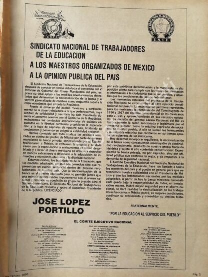 CARTEL ANTIGUO ORIGINAL DE SNTE APOYO A LOPEZ PORTILLO 1982 /N90