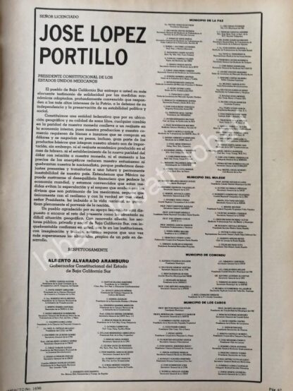 CARTEL ANTIGUO ORIGINAL DE CARTA DE BAJA CALIFORNIA SUR A LOPEZ PORTILLO 1982 /N86