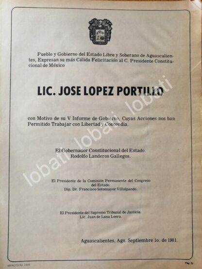 CARTEL ANTIGUO ORIGINAL DE AGUASCALIENTES FELICITA A JOSE LOPEZ PORTILLO 1981 /70