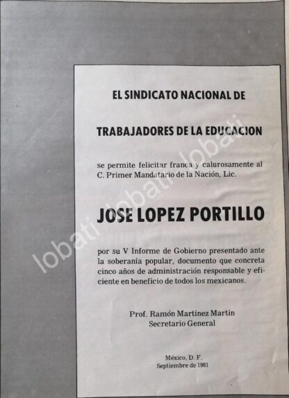 CARTEL ANTIGUO ORIGINAL DE SINDICATO DE MAESTROS FELICITA A JOSE LOPEZ PORTILLO 1981 /69