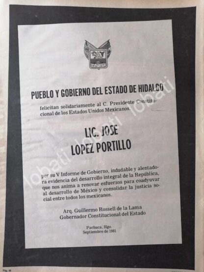 CARTEL ANTIGUO ORIGINAL DE GOBIERNO DE HIDALGO FELICITA A JOSE LOPEZ PORTILLO 1981 /68