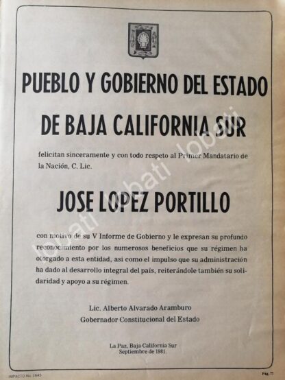 CARTEL ANTIGUO ORIGINAL DE BAJA CALIFORNIA SUR FELICITA A JOSE LOPEZ PORTILLO 1981 /66