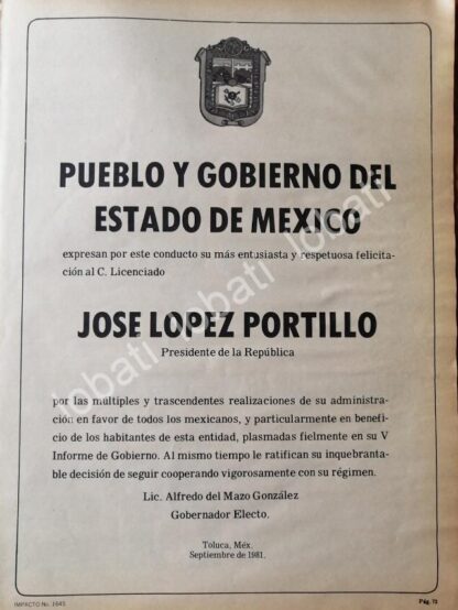 CARTEL ANTIGUO ORIGINAL DE ESTADO DE MEXICO FELICITA A JOSE LOPEZ PORTILLO 1981 /64