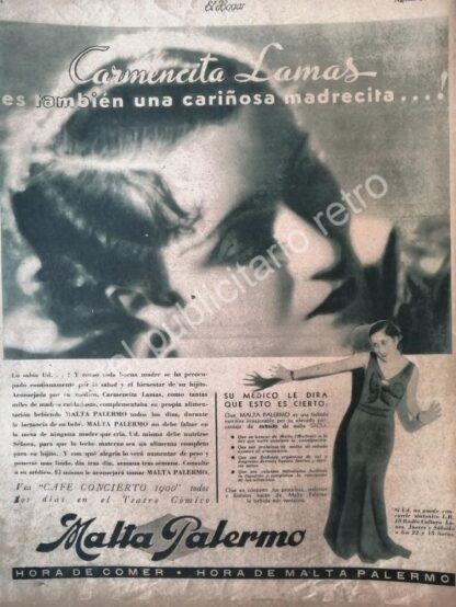 CARTEL ANTIGUO ORIGINAL DE CERVEZA MALTA PALERMO Y CARMEN LAMAS 1934 FEP