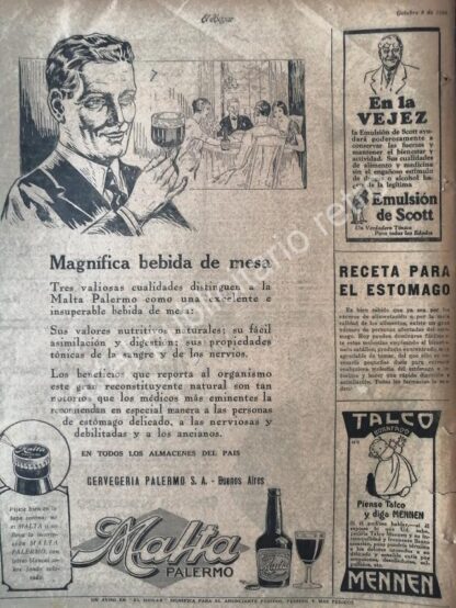 CARTEL ANTIGUO ORIGINAL DE CERVEZA DE MALTA PALERMO Y MAS 1926