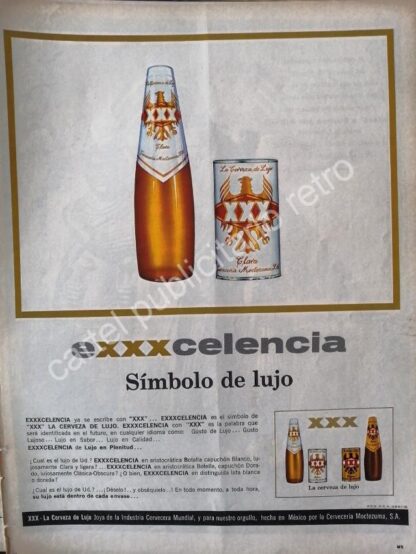 CARTEL ANTIGUO ORIGINAL DE CERVEZA XXX 1960s CERVECERIA MOCTEZUMA /8