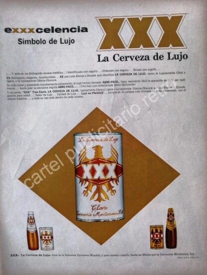 CARTEL ANTIGUO ORIGINAL DE CERVEZA XXX 1960s CERVECERIA MOCTEZUMA