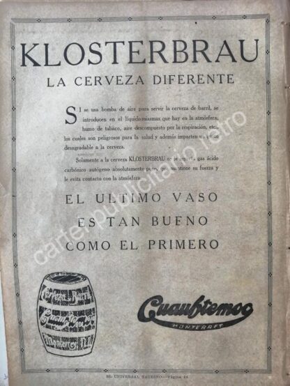 CARTEL ANTIGUO ORIGINAL DE CERVEZA KLOSTERBRAU 1922 /RARO