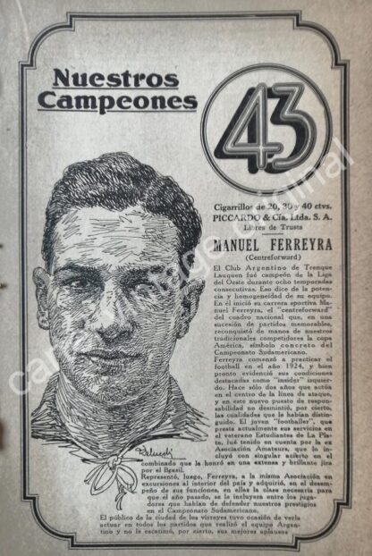 CARTEL ANTIGUO ORIGINAL DE CIGARROS 43. Y FUTBOLISTA MANUEL FERREYRA 1920s FEP