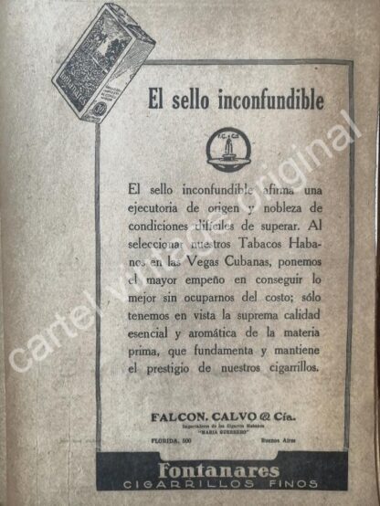 CARTEL ANTIGUO ORIGINAL DE CIGARROS FONTANARES 1927 ARGENTINA