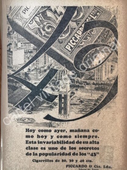 CARTEL ANTIGUO ORIGINAL DE CIGARROS 43. PICCARDO & CIA. 1927 /6