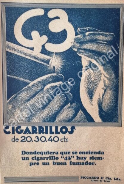 CARTEL ANTIGUO ORIGINAL DE CIGARROS 43. PICCARDO & CIA. 1927 /4