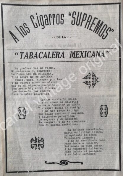 CARTEL ANTIGUO ORIGINAL DE CIGARROS SUPREMOS. TABACALERA MEXICANA S.A 1912