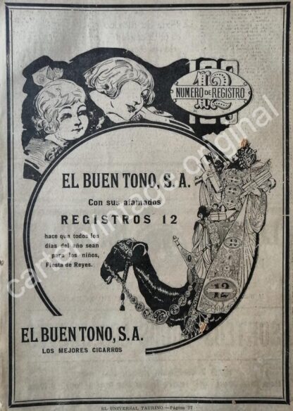 CARTEL ANTIGUO ORIGINAL DE CIGARROS REGISTROS 21. CIGARRERA EL BUEN TONO 1922