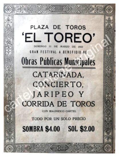 CARTEL ANTIGUO ORIGINAL DE PLAZA DE TOROS EL TOREO 1922 ART NOUVEAU / RARO