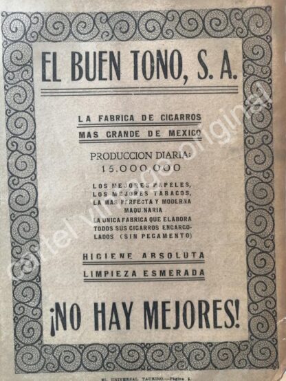 CARTEL ANTIGUO ORIGINAL DE CIGARRERA EL BUEN TONO S.A 1922