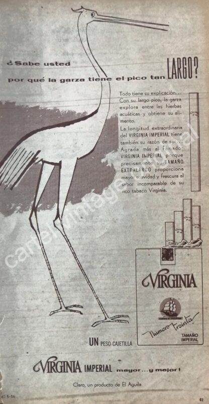 CARTEL ANTIGUO ORIGINAL DE CIGARROS VIRGINIA No. 30 EXTRA 1956