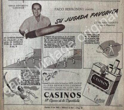 CARTEL ANTIGUO ORIGINAL DE PACO BERRONDO Y CIGARROS CASINOS 1945 / FEP