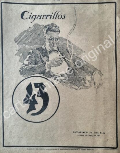 CARTEL ANTIGUO ORIGINAL DE CIGARROS 43. CIGARRERA PICCARDO 1926 / RARO /2