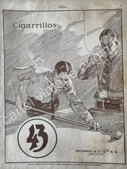 CARTEL ANTIGUO ORIGINAL DE CIGARROS 43. CIGARRERA PICCARDO 1926 / RARO