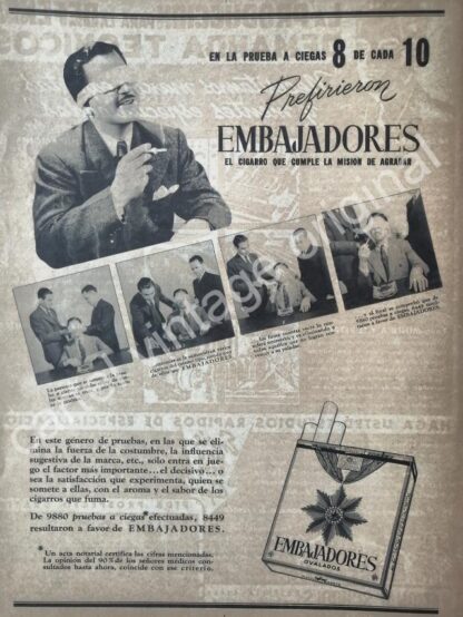 CARTEL ANTIGUO ORIGINAL DE CIGARROS EMBAJADORES 1942