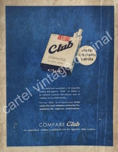 CARTEL ANTIGUO ORIGINAL DE CIGARROS CLUB 1930s / MUY RARO