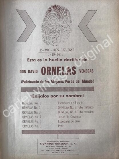 CARTEL ANTIGUO ORIGINAL DE PUROS ORNELAS Y DAVID ORNELAS VILLEGAS 1970s / RARO