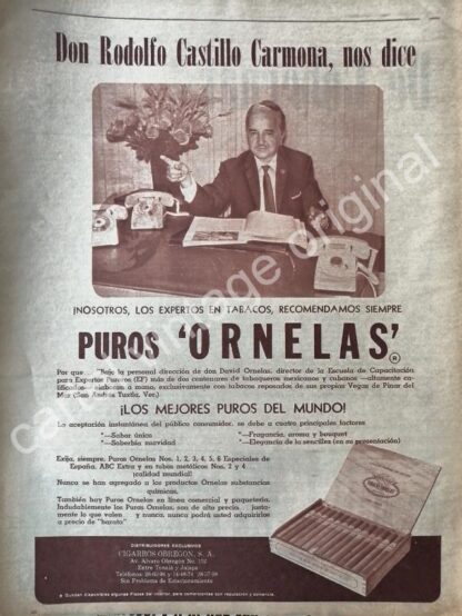 CARTEL ANTIGUO ORIGINAL DE PUROS ORNELAS CON RODOLFO CASTILLO CARMONA 1960s