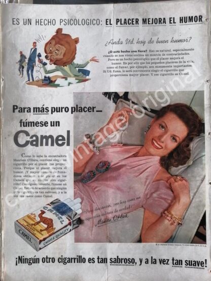 CARTEL ANTIGUO ORIGINAL DE MAUREEN O`HARA Y CIGARROS CAMEL 1954