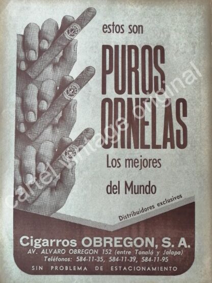 CARTEL ANTIGUO ORIGINAL DE PUROS ORNELAS 1960s CIGARROS OBREGON /5