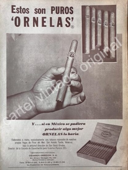 CARTEL ANTIGUO ORIGINAL DE CIGARROS PUROS ORNELAS 1960s CIGARROS OBREGON /3