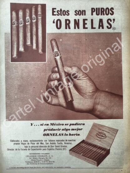 CARTEL ANTIGUO ORIGINAL DE CIGARROS PUROS ORNELAS 1960s CIGARROS OBREGON