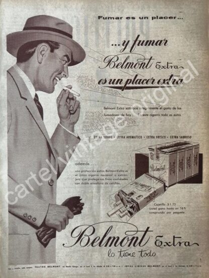 CARTEL ANTIGUO ORIGINAL DE CIGARROS BELMONT EXTRA 1950s