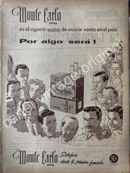 CARTEL ANTIGUO ORIGINAL DE CIGARROS MONTECARLO EXTRA 1950s /2