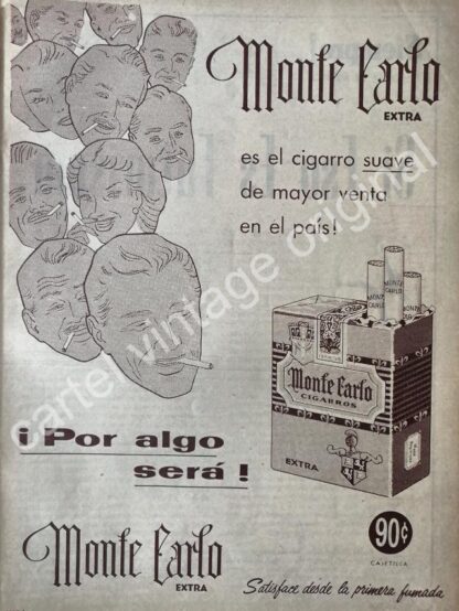 CARTEL ANTIGUO ORIGINAL DE CIGARROS FILTRON MONTE CARLO 1950s