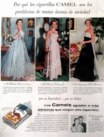 CARTEL ANTIGUO ORIGINAL DE CIGARROS CAMEL Y DAMAS DE LA ALTA SOCIEDAD DE N.Y 1950s