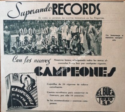 CARTEL ANTIGUO ORIGINAL DE CIGARROS CAMPEONES Y CLUB NECAXA . EL BUEN TONO