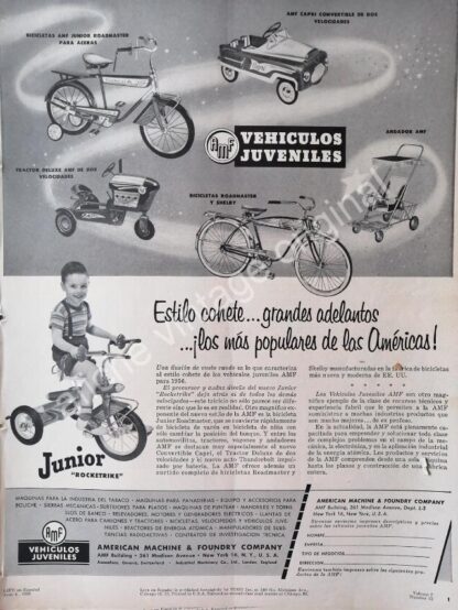 CARTEL ANTIGUO ORIGINAL DE TRICICLOS Y BICICLETAS AMERICAN MACHINE 1956