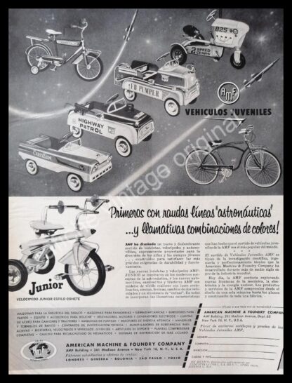 CARTEL ANTIGUO ORIGINAL DE TRICICLOS Y CARRITOS DE LAMINA AMERICAN MACHINE 1958