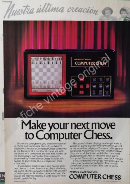 CARTEL ANTIGUO ORIGINAL DE AFICHE DE MATTEL COMPUTER CHESS 1982