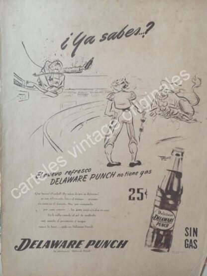 CARTEL ANTIGUO ORIGINAL DE REFRESCO DELAWARE PUNCH SIN GAS DIBUJO MANUEL TOVAR SILES 1947