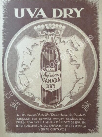 CARTEL ANTIGUO ORIGINAL DE REFRESCO CANADA DRY , UVA DRY 1947