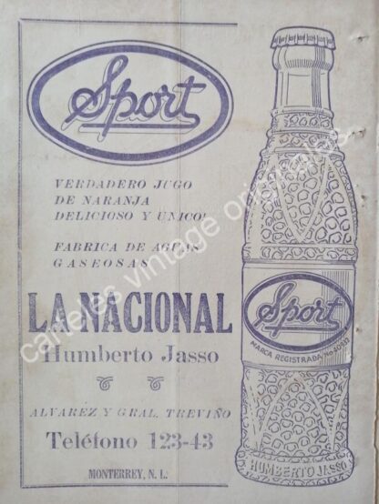 CARTEL ANTIGUO ORIGINAL DE REFRESCO SPORT, MONTERREY 1943 MUY RARO